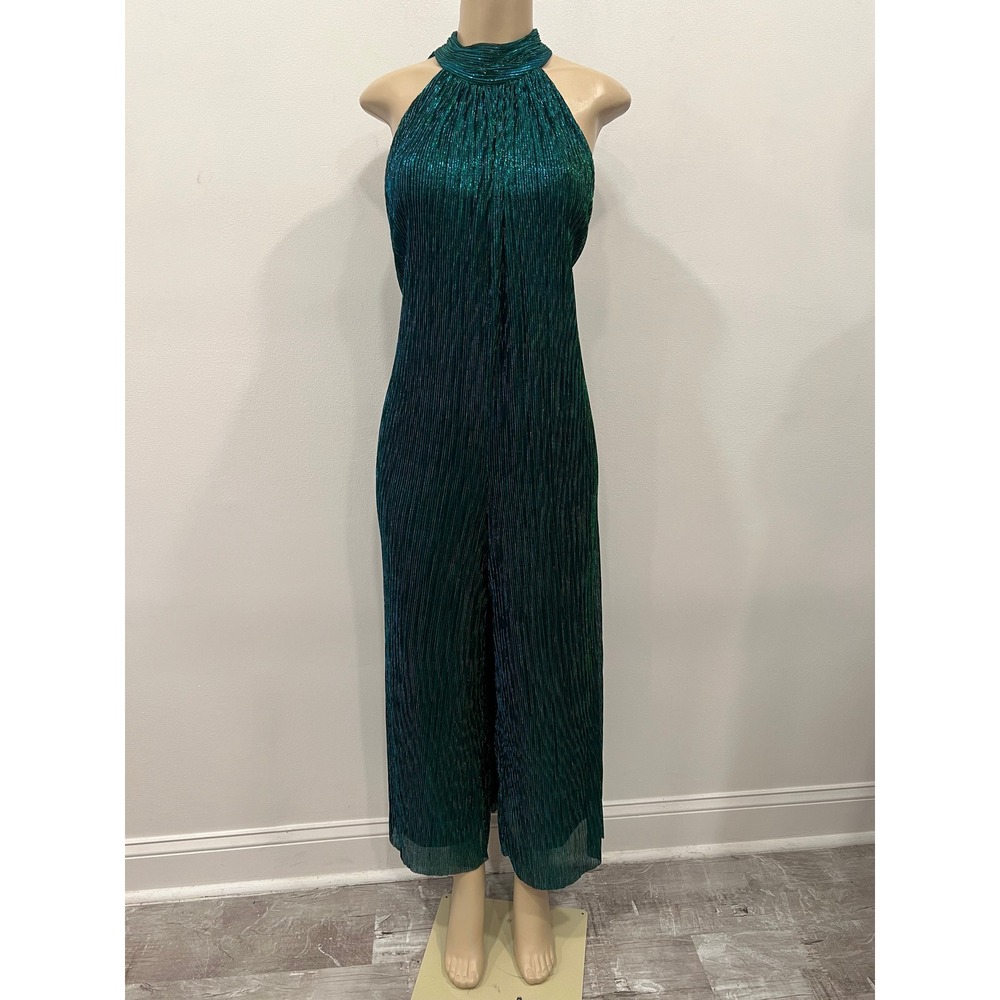 MSK Womens Jumpsuit Green Metallic Halter Wide Leg Pleated Shimmer Size Medium
